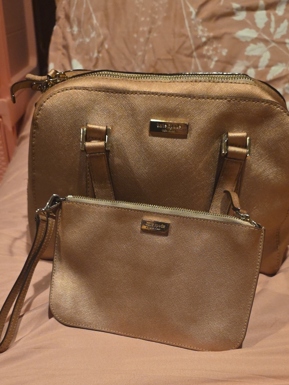 Metallic Bronze Wristlet and Satchel Set - Women's Bag